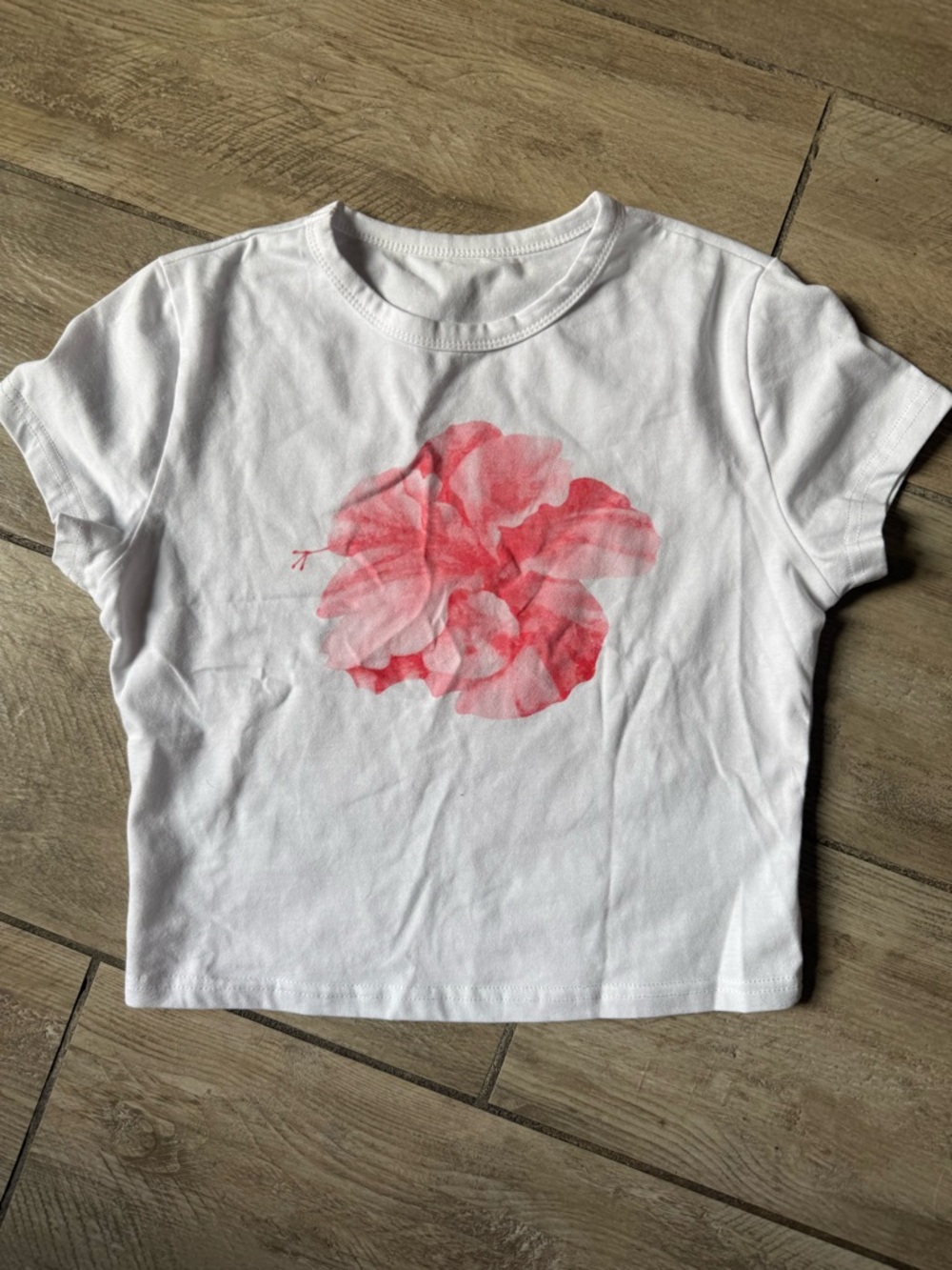 White Tee with Pink Floral Center Graphic